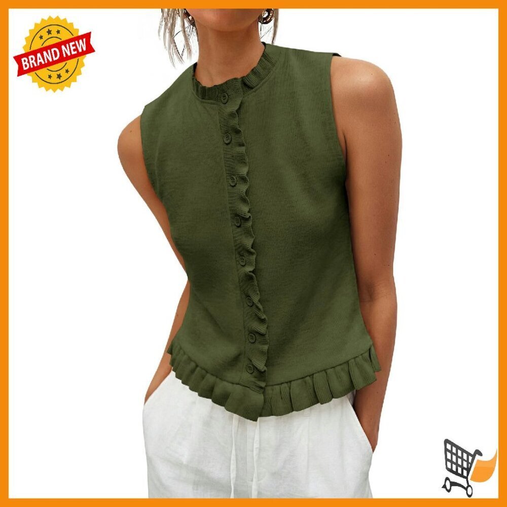 Sleeveless Ribbed Knit Sweater Vest with Ruffle Trim Button Down
